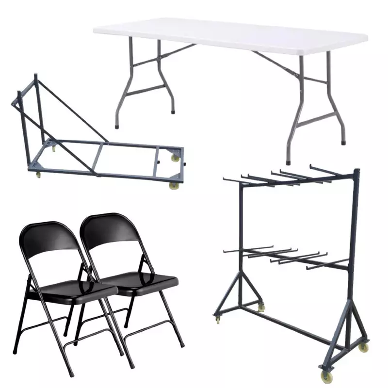 Lot de 20 tables 183 cm blanches + 120 chaises métal + 3 chariots