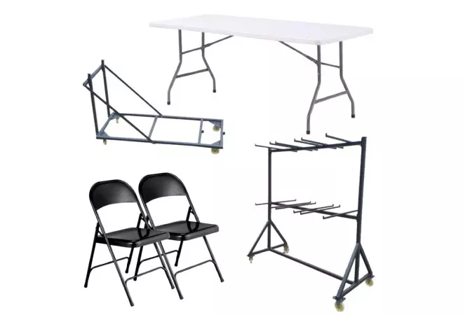 Lot de 20 tables 183 cm blanches + 120 chaises métal + 3 chariots