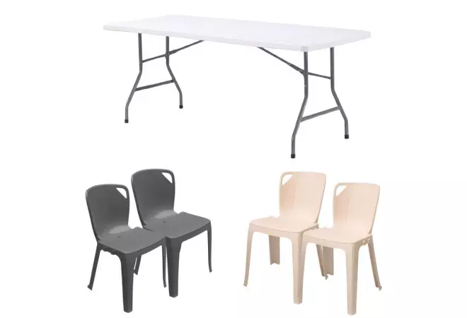 Lot de 10 tables pliantes blanches + 60 chaises monobloc Elena