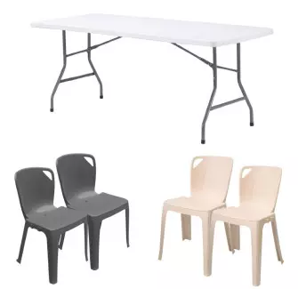 Lot de 10 tables pliantes blanches + 60 chaises monobloc Elena